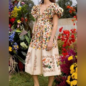 NWT Agua Bendita Clementina Chontaduro puff sleeve floral v neck Midi Dress sz M
